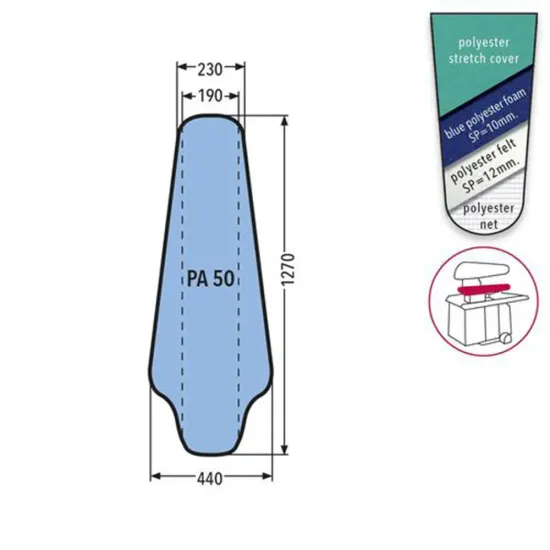 Husa PA 50 PRONTO-STIRO pentru presa, 100% poliester stretch, cu pasla grosime 12mm + spuma siliconata grosime 10mm, 1.270x440x230mm, verde