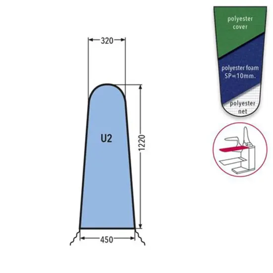 Husa U2 PRONTO-STIRO pentru masa de calcat, snur de prindere la baza, poliester cu spuma siliconata grosime 10mm, 1.220x450x320mm, verde