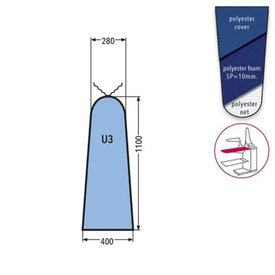 Husa U3 PRONTO-STIRO pentru masa de calcat, snur de prindere la varf, poliester cu spuma siliconata grosime 10mm, 1.100x400x280mm, albastru