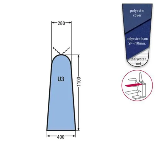 Husa U3 PRONTO-STIRO pentru masa de calcat, snur de prindere la varf, poliester cu spuma siliconata grosime 10mm, 1.100x400x280mm, albastru inchis
