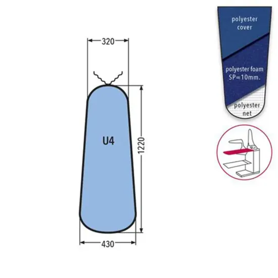 Husa U4 PRONTO-STIRO pentru masa de calcat, snur de prindere la varf, poliester cu spuma siliconata grosime 10mm, 1.220x430x320mm, albastru