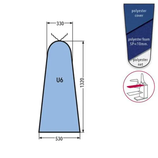 Husa U6 MAXI PRONTO-STIRO pentru masa de calcat, snur de prindere la varf, poliester cu spuma siliconata grosime 10mm, 1.320x530x330mm, albastru
