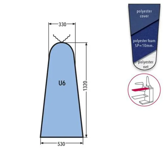 Husa U6 MAXI PRONTO-STIRO pentru masa de calcat, snur de prindere la varf, poliester cu spuma siliconata grosime 10mm, 1.320x530x330mm, albastru inchis