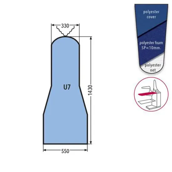 Husa U7 DOB PRONTO-STIRO pentru masa de calcat, snur de prindere la varf, poliester cu spuma siliconata grosime 10mm, 1.430x550x330mm, albastru