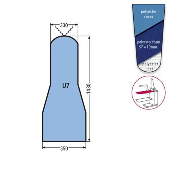 Husa U7 DOB PRONTO-STIRO pentru masa de calcat, snur de prindere la varf, poliester cu spuma siliconata grosime 10mm, 1.430x550x330mm, albastru cerului