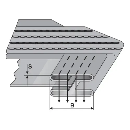 Dispozitiv pentru aplicat benzi continue, materiale medii/groase, pentru masini de cusut plane cu 4 ace, intrare 38-65mm, iesire 22-43mm