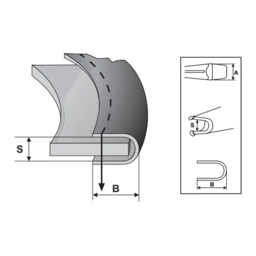 Dispozitiv bordator in unghi (95°) cu simpla intoarcere pentru masini industriale de cusut cu triplu transport, intrare 12-40mm, iesire 6-20mm, grosime material bordat 3-6mm