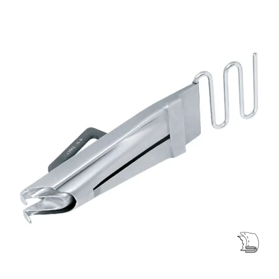 Dispozitiv bordator in unghi 115° cu dubla intoarcere superioara pentru masini industriale de cusut cu triplu transport, intrare 14-35mm, iesire 3-13mm, grosime material bordat 4-8mm