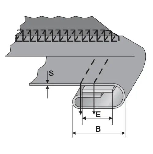 Dispozitiv pliere dubla inferioara pentru introdus elastic la mini-slip, materiale medii, pentru masini de cusut Rimoldi, iesire 8-12mm, latime elastic 6-10mm
