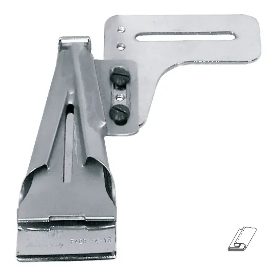 Dispozitiv cu dubla pliere pentru inserat elastic, materiale medii, pentru masini de cusut plane cu 1 ac, intrare 25-65mm, pliere inferioara 8-25mm, pliere superioara 5-13mm, latime elastic 6-23mm