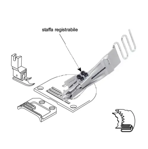 Dispozitiv bordator pentru masini plane de zig-zag, cu dubla intoarcere, inserat elastic 4-14mm, intrare 20-45mm, iesire 5-15mm