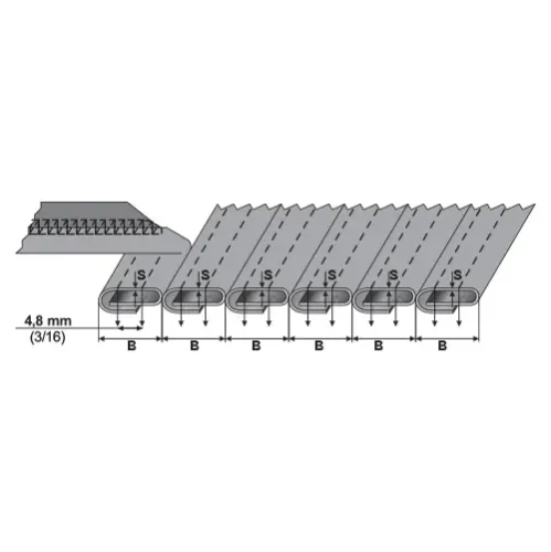 Dispozitiv pentru aplicat 6 benzi, materiale medii, pentru masini de cusut plane cu 12 ace, distanta intre ace 4.8mm, intrare 22mm, iesire 9.5mm