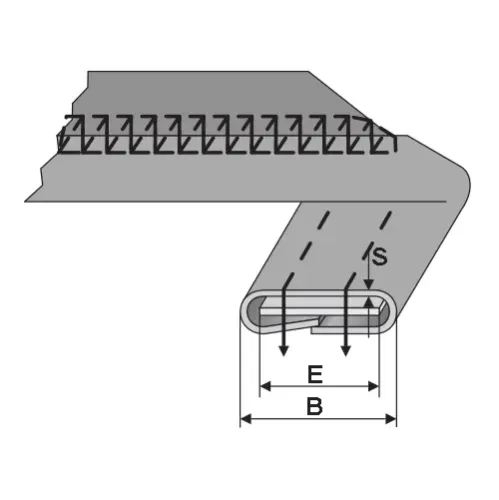 Dispozitiv pentru introdus elastic la bretele, materiale medii, pentru masini de cusut plane cu 2 ace, intrare 20-40mm, iesire 9-19mm, latime banda elastic 8-18mm