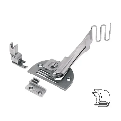 Dispozitiv set (+placa, transportor, piciorus) cu intoarcere dubla superioara pentru masini simple cu 1 ac, grosime material 1.5mm, intrare 20-40mm, iesire 6-15mm