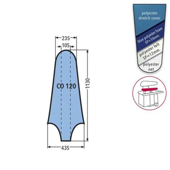 Husa CO 120 PRONTO-STIRO pentru presa, 100% poliester stretch, cu pasla grosime 12mm + spuma siliconata grosime 10mm, 1.130x435x235mm, albastru cerului
