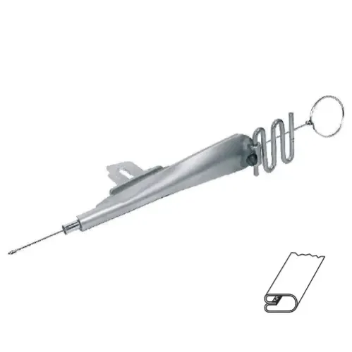 Dispozitiv de introdus snur (spaghetti) cu dubla intoarcere, pentru grosime medie, pentru masini de surfilat industriale, intrare 14mm - 38mm, iesire 3.5mm - 11mm