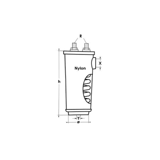 Condensator complet din plastic, filet (R) 1/2", Ø intrare (X) 2", prindere capac (Y) 1", inaltime (H) 390,  Ø exterior 150mm, model PM10