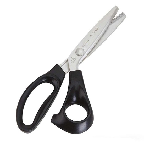 Foarfeca de croitorie din otel carbon C50 nichelat, lame zimtate pentru taiere zig-zag, manere inegale, Premax, colectia Classica, 23cm (9″)