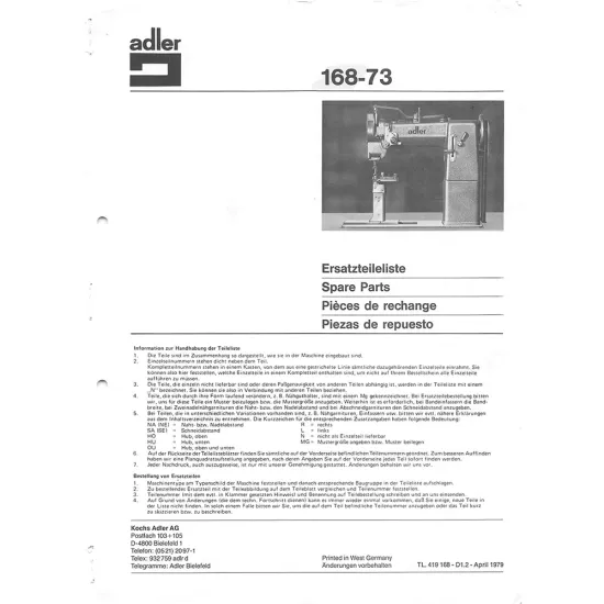Manual tehnic pentru masina de cusut industriala Durkopp Adler 168-73