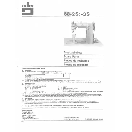 Manual tehnic pentru masina de cusut industriala Durkopp Adler 68-3S