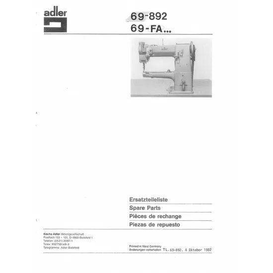 Manual tehnic pentru masina de cusut industriala Durkopp Adler 69-892