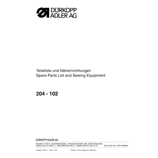 Manual tehnic pentru masina de cusut industriala Durkopp Adler 204-102