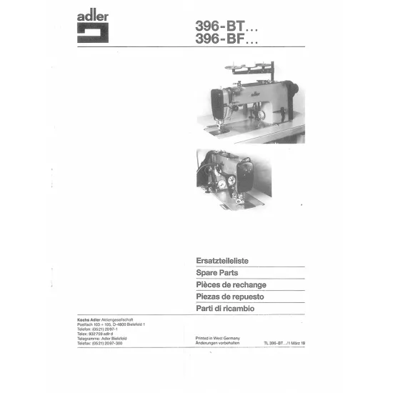 Manual tehnic pentru masina de cusut industriala Durkopp Adler 396-BT