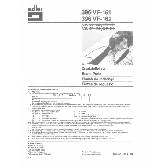 Manual tehnic pentru masina de cusut industriala Durkopp Adler 396VF