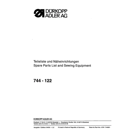 Manual tehnic pentru masina de cusut industriala Durkopp Adler 744-122
