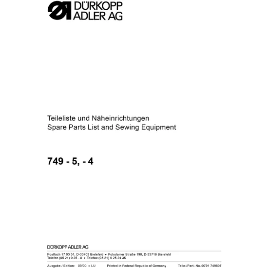 Manual tehnic pentru masina de cusut industriala Durkopp Adler 749-5