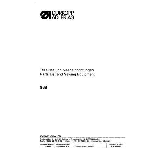 Manual tehnic pentru masina de cusut industriala Durkopp Adler 869