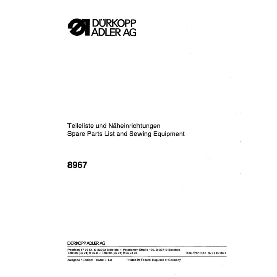 Manual tehnic pentru masina de cusut industriala Durkopp Adler 8967