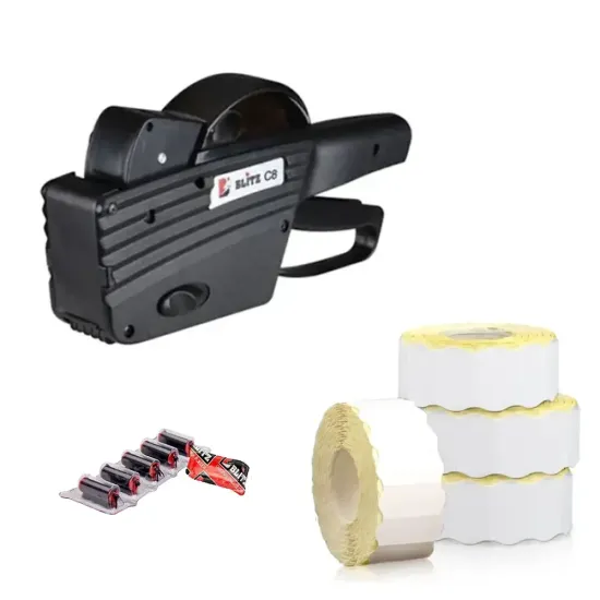 Pachet 1 Marcator Blitz C18 + 39 Role etichete autoadezive, colturi rotunjite, albe, 26×16 + 5 Rulou tusat