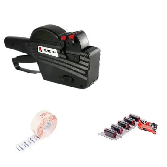 Pachet 1 Marcator Blitz C18 + 39 Role etichete autoadezive, colturi rotunjite, albe, 26×16, pre-tiparite Produs la/Expira la + 5 Rulou tusat