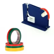 Pachet 1 Aparat din metal pentru sigilat pungi cu banda adeziva tip scotch, cu dispozitiv de taiere + 192 Benzi adezive Minoli 9mm x 50m, rosu