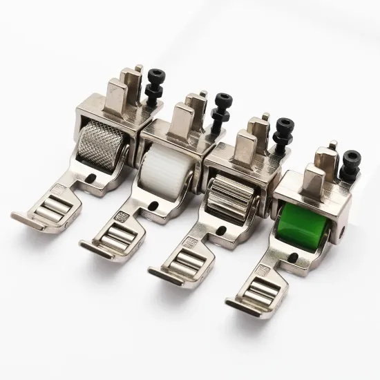 Piciorus presor reglabil cu rotita dintata de teflon si role mici pe talpa pentru aplicat banda cu dispozitiv A10, pentru masini industriale de cusut simple cu 1 ac, latime tiv 3/16" (5mm)