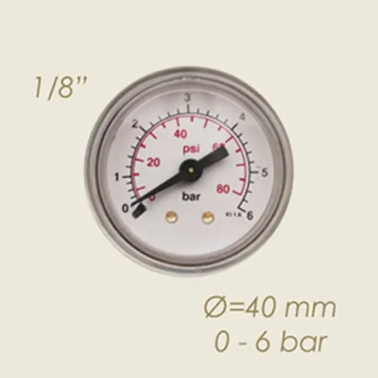 Manometru cu suport de fixare, 0-6 bari, Ø cadran 40mm, Ø filet 1/8″